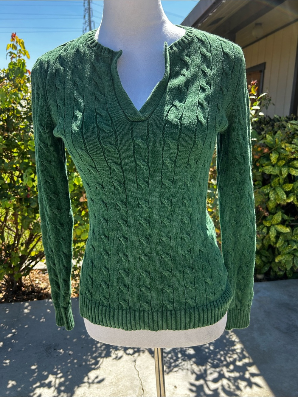 Lauren Ralph Lauren Green Cable Knit Split V-Neck Cotton Sweater S quiet luxury